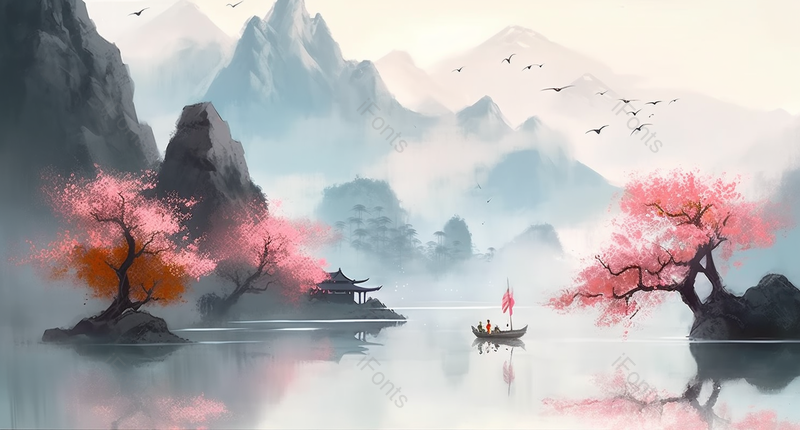 在湖面上划船水墨新中式背景图,插画/手绘图,插画/手绘图库,插画/手绘图下载,插画/手绘